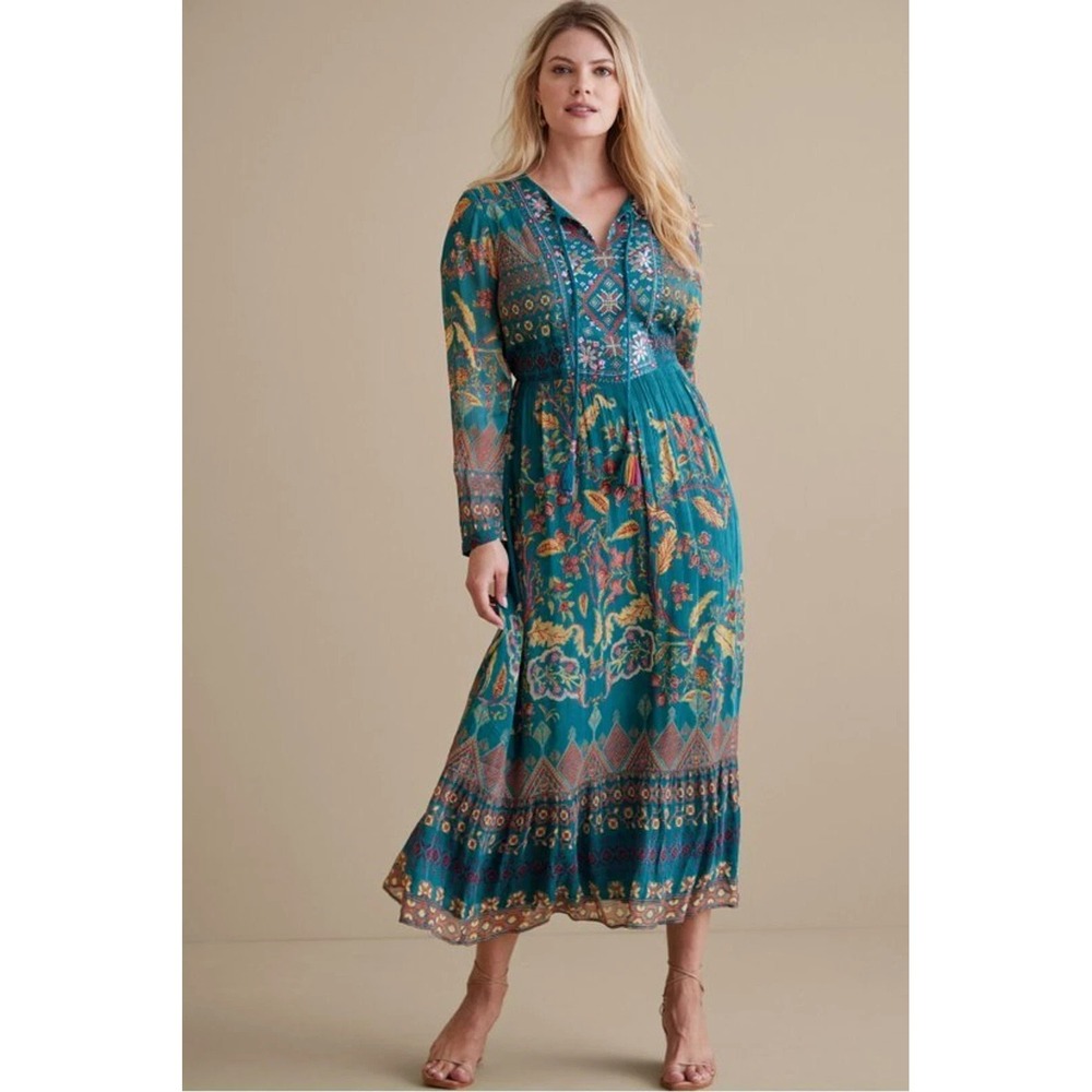 NWT Soft Surroundings Mirapani Maxi Dress Small Embroidered Beaded Floral Blue